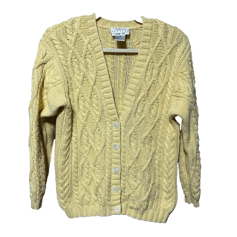 Talbots Vintage Yellow Chunky Hand Knit Cardigan PS‎ Petite Small Cotton Sweater